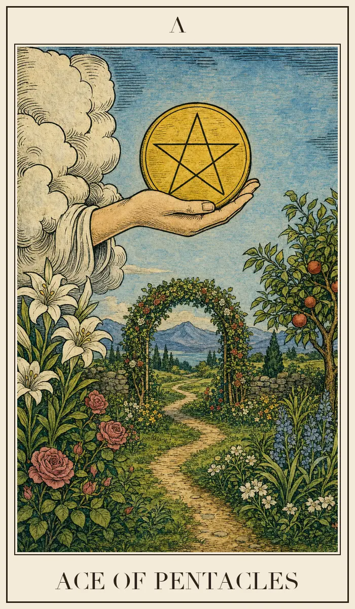Ahşap baskı tarzında Tılsım Ası tarot kartı