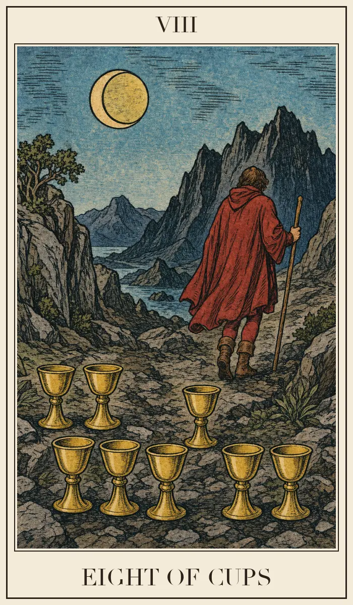 Carta de tarot Ocho de Copas, estilo grabado