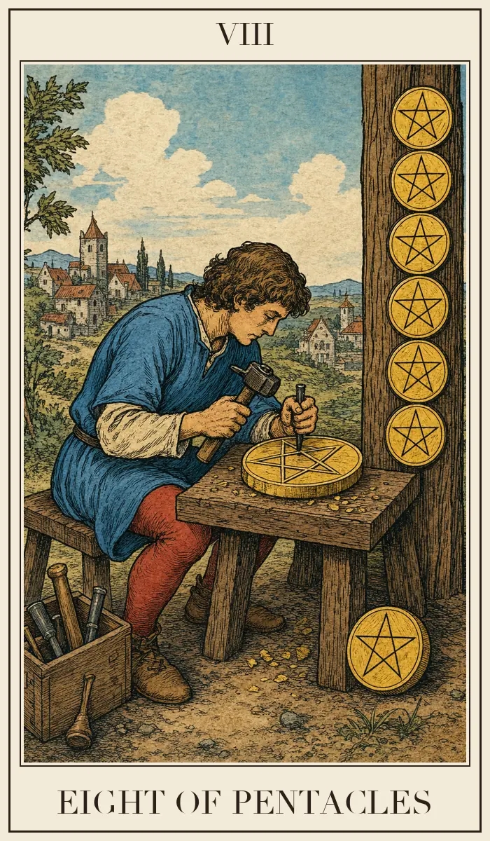 Carta de tarot Ocho de Oros, estilo grabado