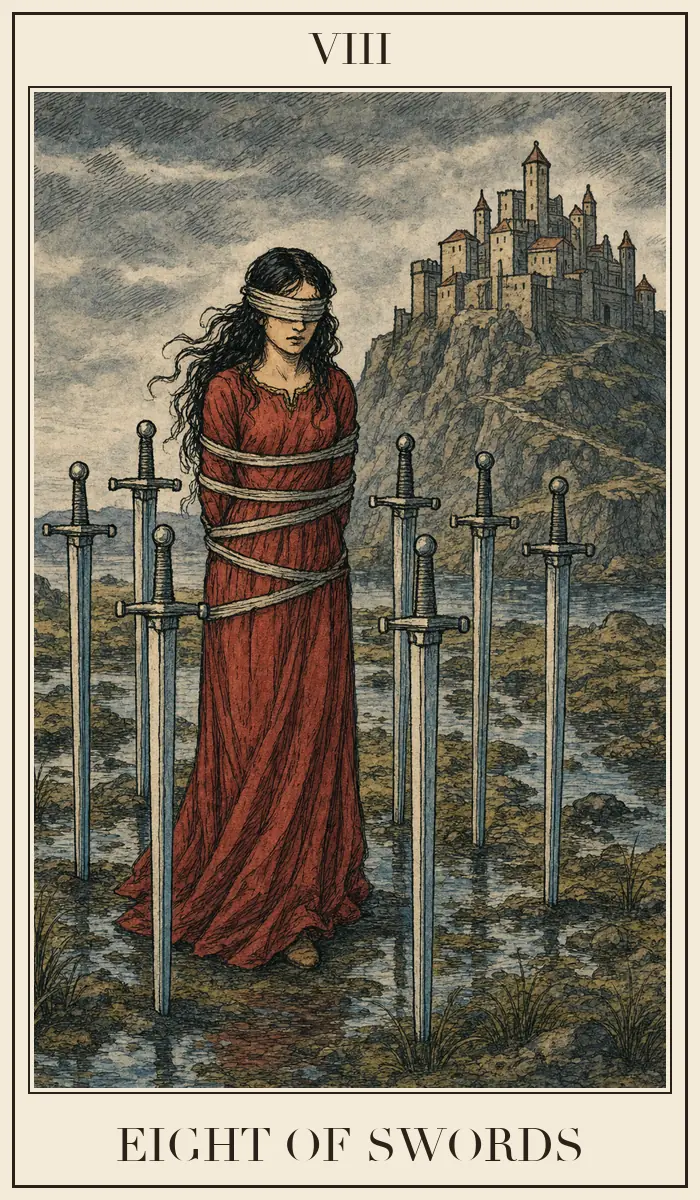 Carta de tarot Ocho de Espadas, estilo grabado