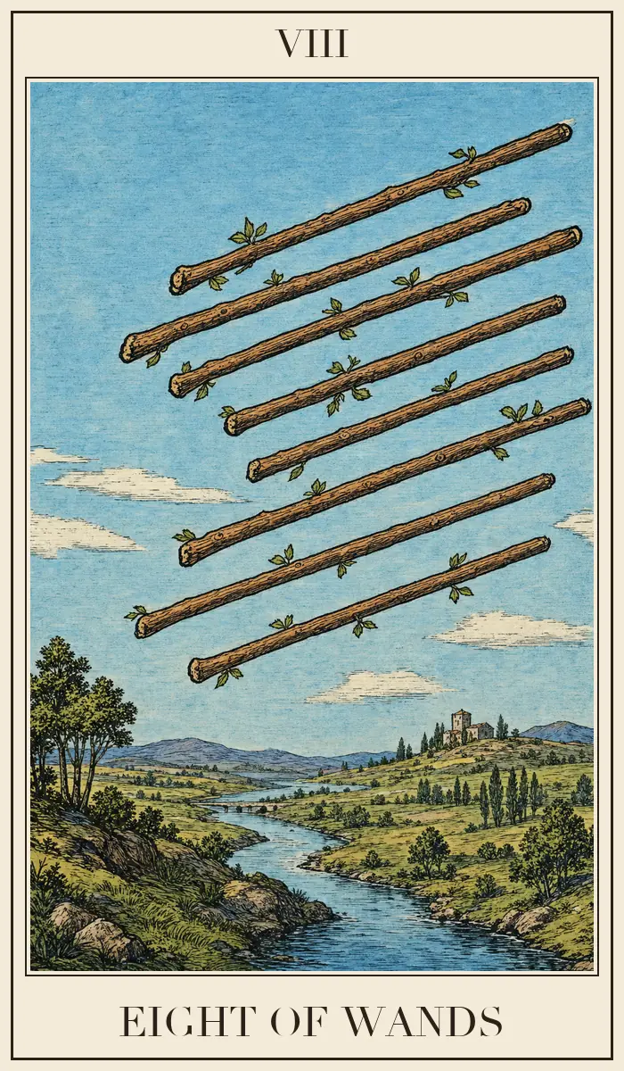 Carta de tarot Ocho de Bastos, estilo grabado