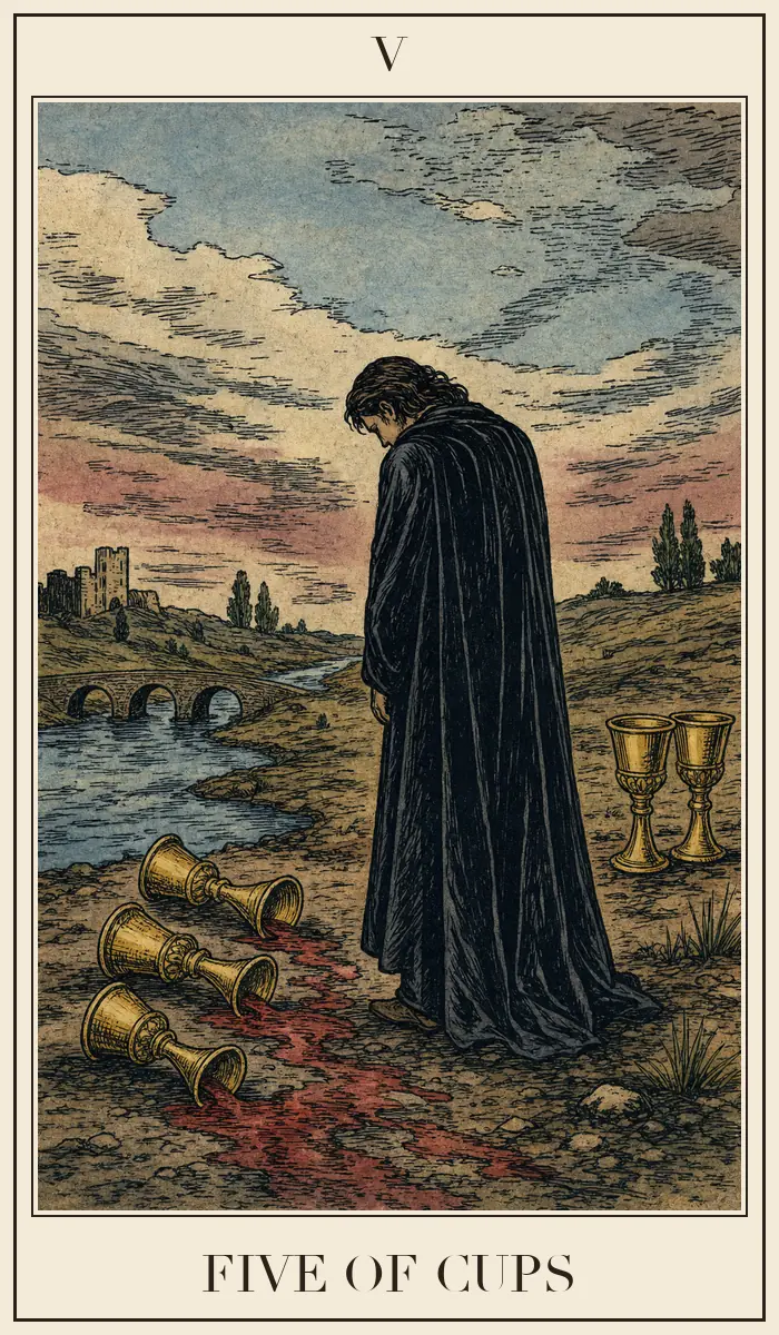 Carta de tarot Cinco de Copas, estilo grabado
