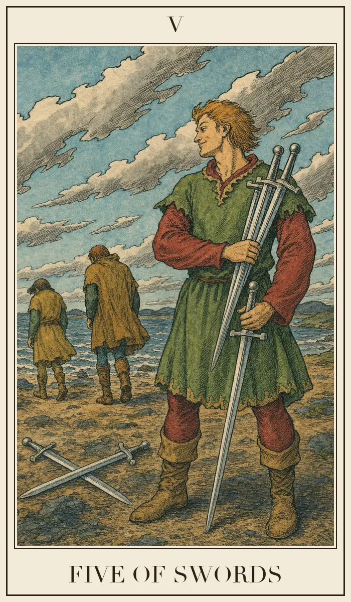Carta de tarot Cinco de Espadas, estilo grabado
