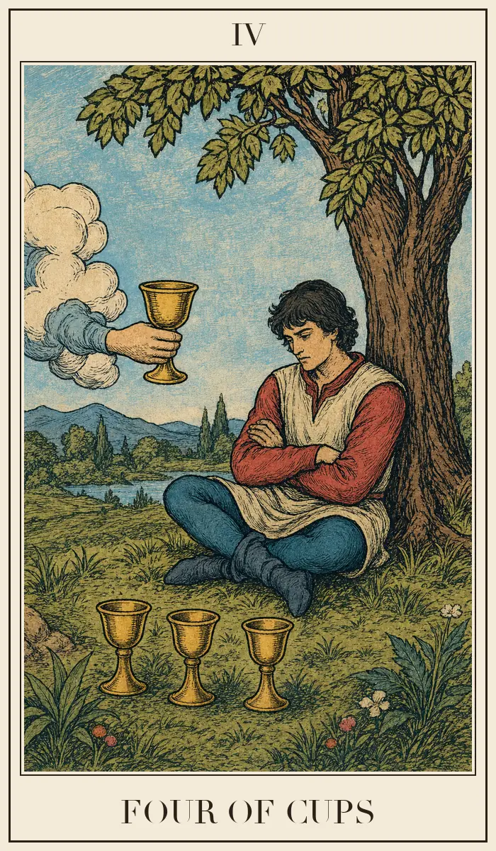Carta de tarot Cuatro de Copas, estilo grabado