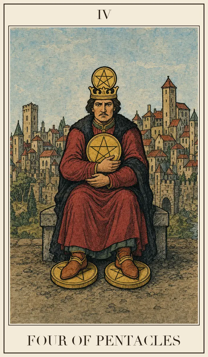 Ahşap baskı tarzında Tılsım Dörtlüsü tarot kartı