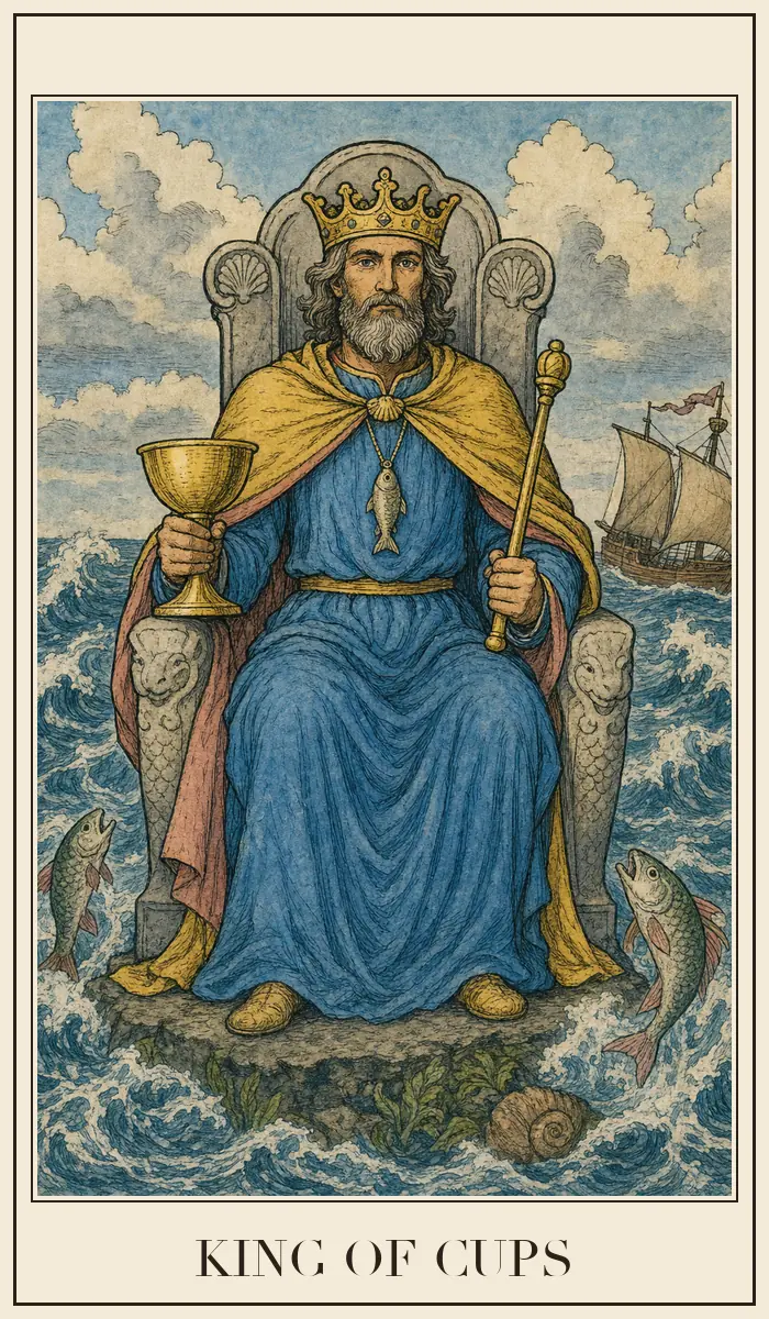 Carta de tarot Rey de Copas, estilo grabado