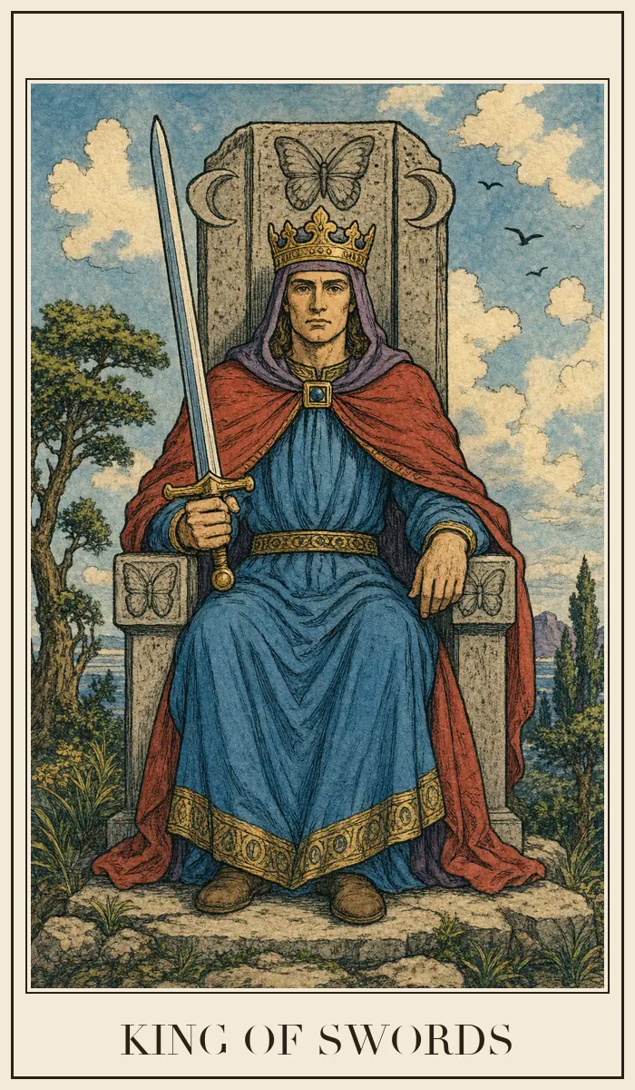 Carta de tarô Rei de Espadas em estilo de xilogravura
