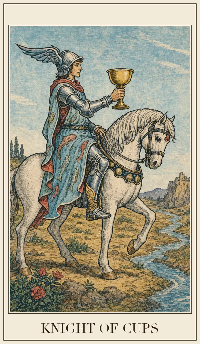 Carta de tarot Caballo de Copas, estilo grabado