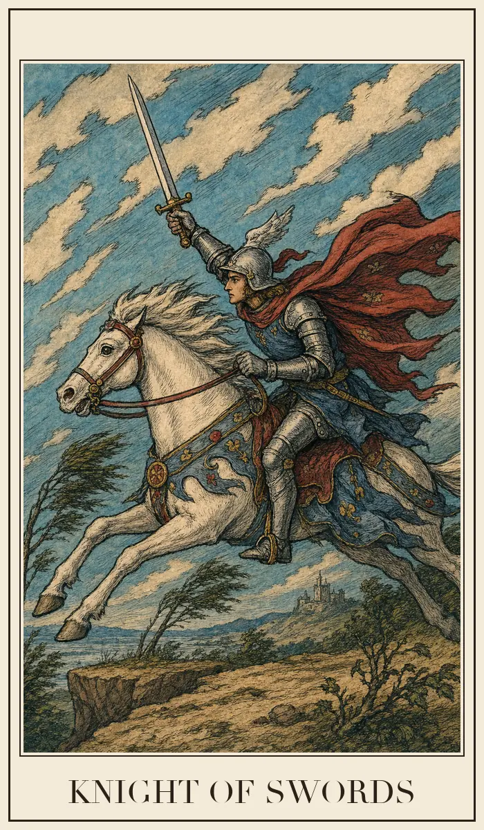 Carta de tarô Cavaleiro de Espadas em estilo de xilogravura