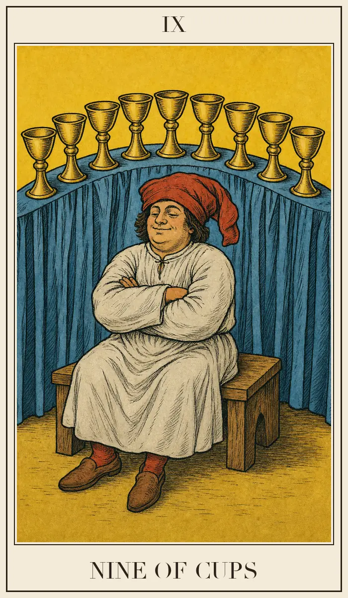Carta de tarô Nove de Copas em estilo de xilogravura