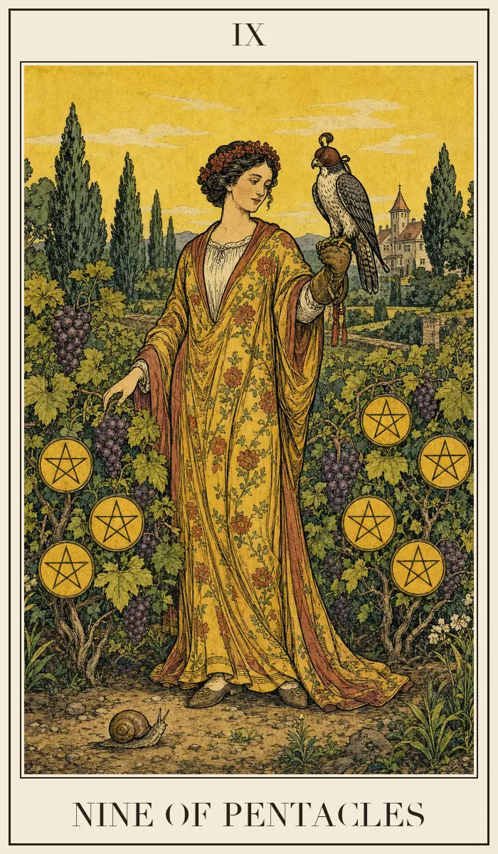 Carta de tarot Nueve de Oros, estilo grabado