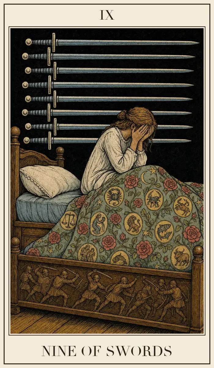 Ahşap baskı tarzında Kılıç Dokuzlusu tarot kartı