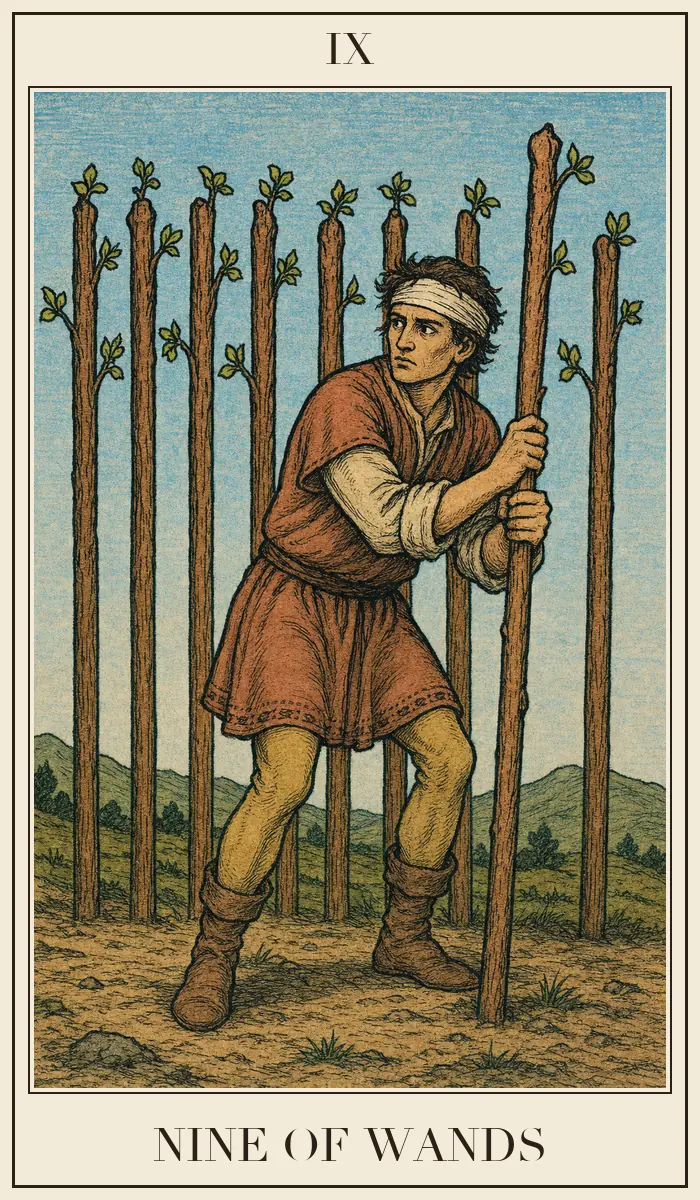 Carta de tarot Nueve de Bastos, estilo grabado