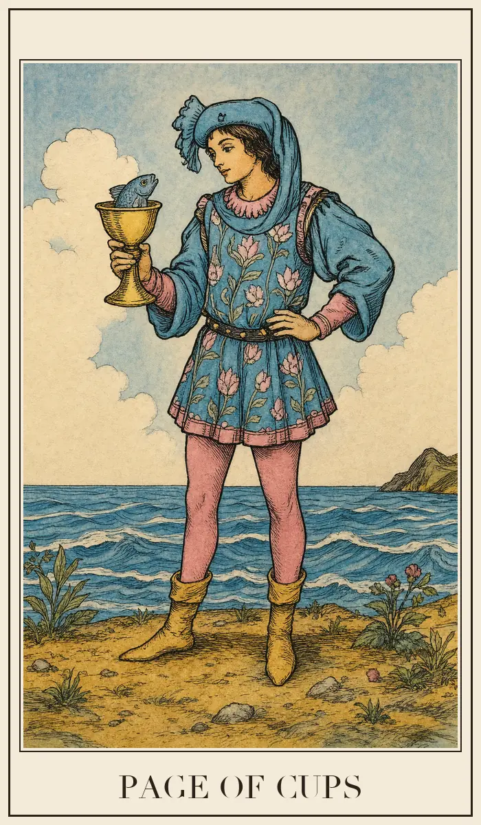 Tarotkarte Bube der Kelche im Holzschnittstil
