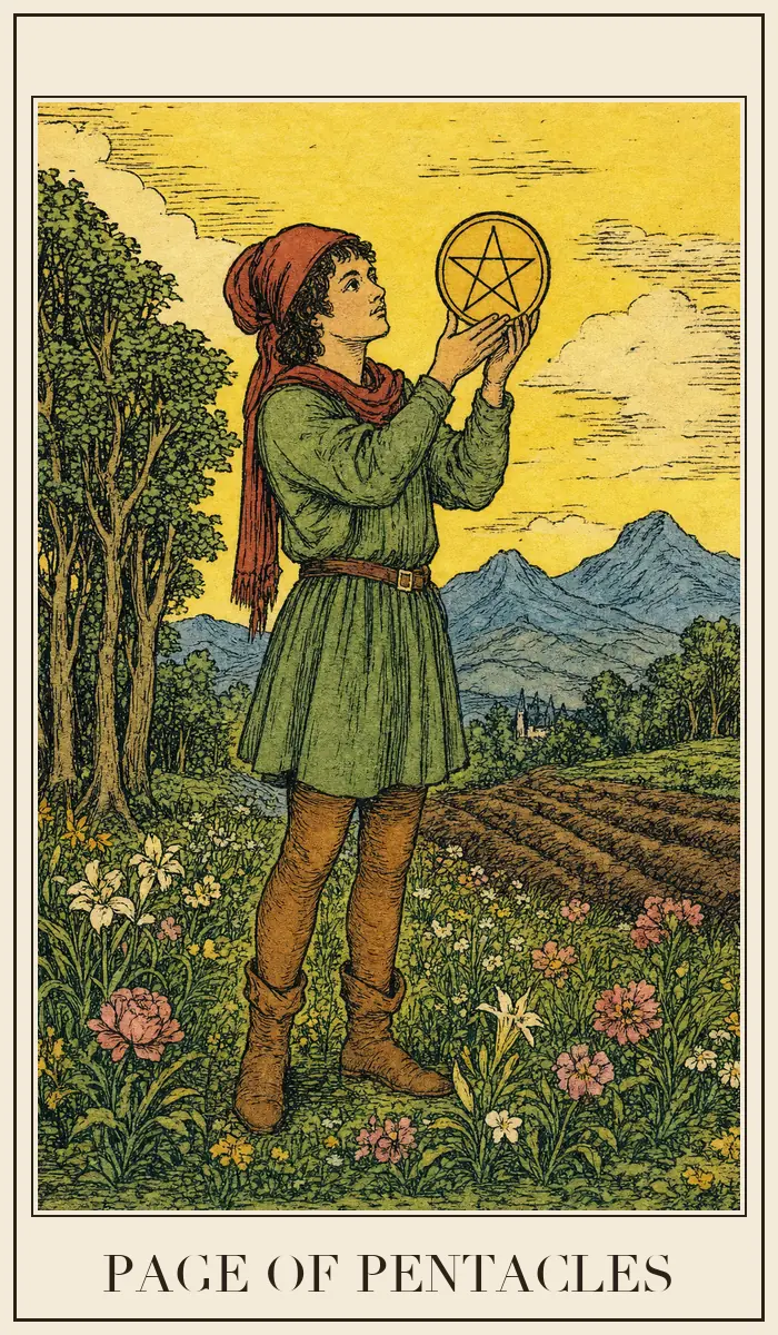 Ahşap baskı tarzında Tılsım Uşağı tarot kartı