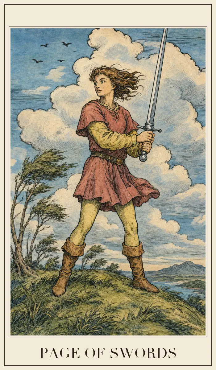 Ahşap baskı tarzında Kılıç Uşağı tarot kartı