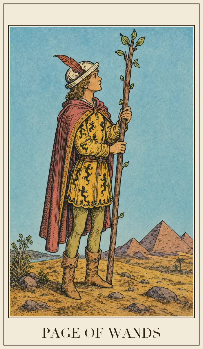 Ahşap baskı tarzında Asa Uşağı tarot kartı
