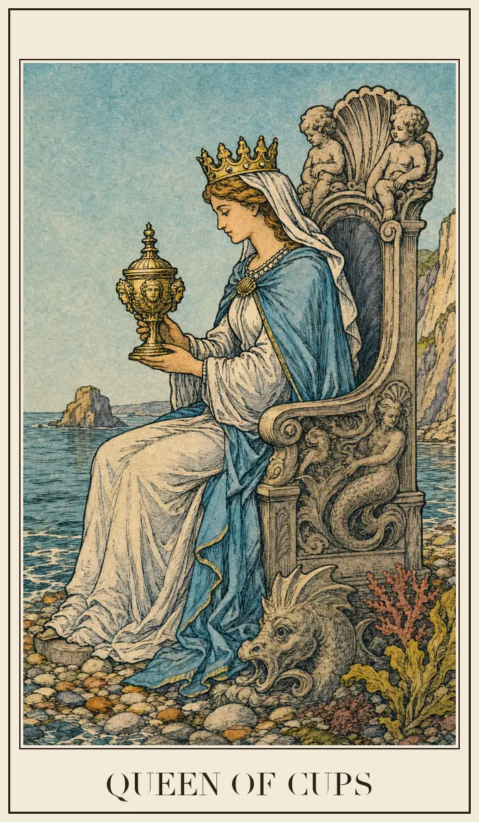 Ahşap baskı tarzında Kupa Kraliçesi tarot kartı