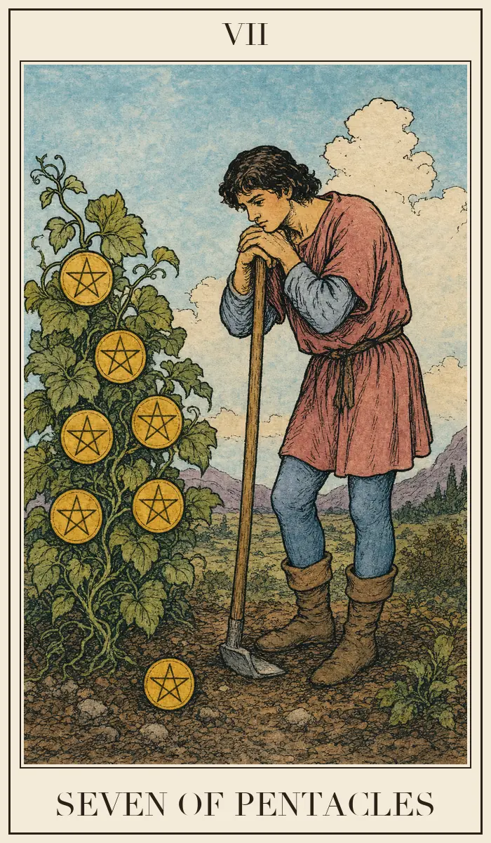Ahşap baskı tarzında Tılsım Yedilisi tarot kartı