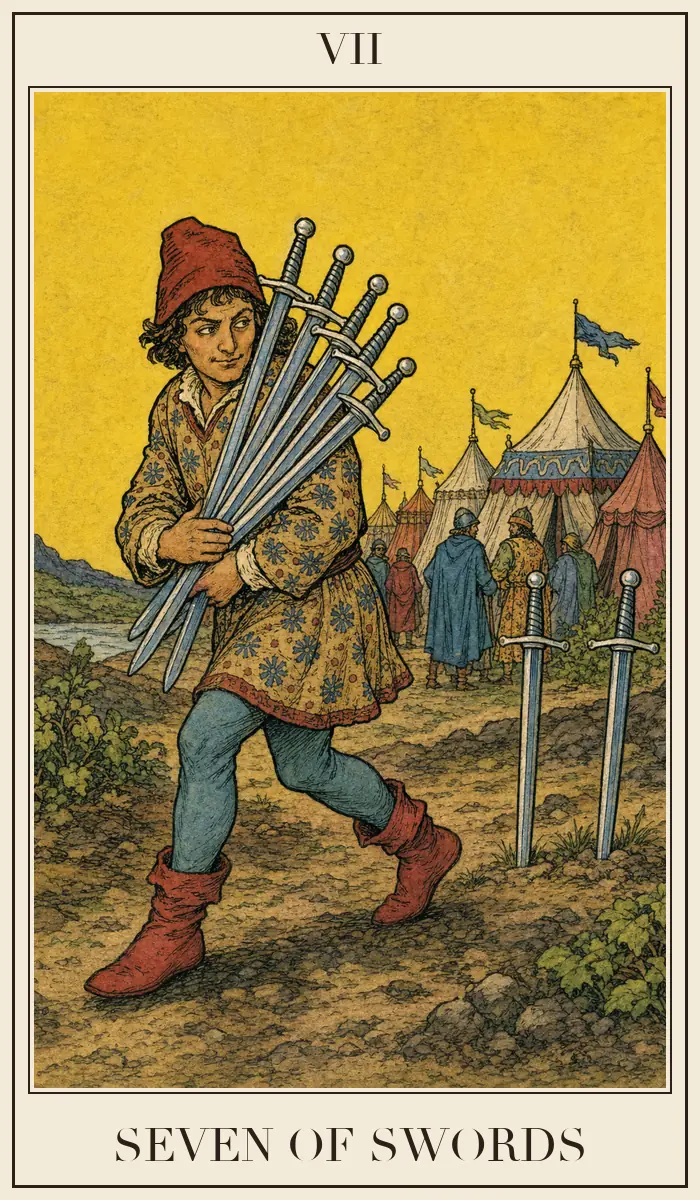 Carta de tarot Siete de Espadas, estilo grabado