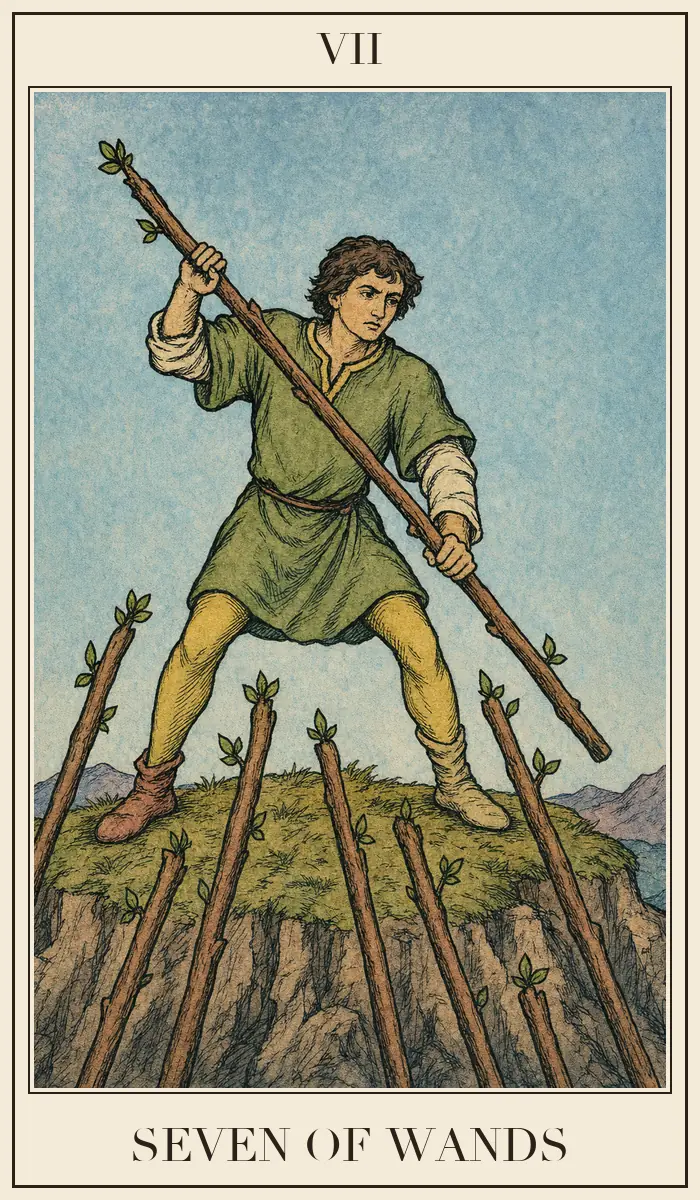 Ahşap baskı tarzında Asa Yedilisi tarot kartı