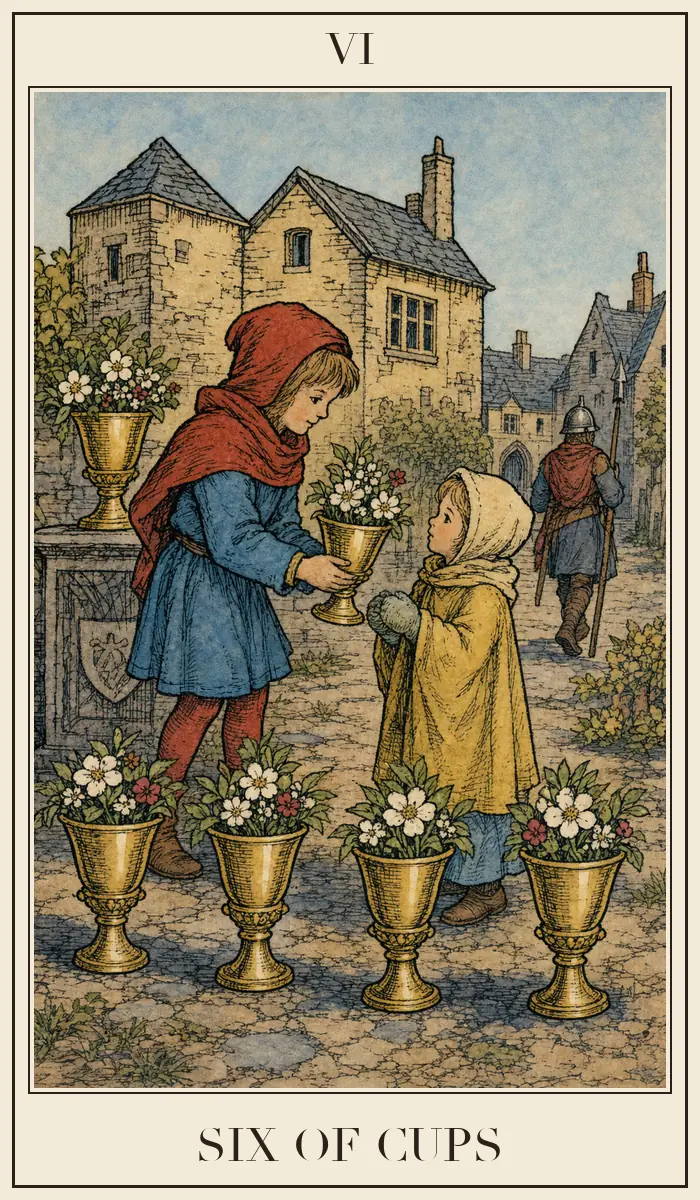 Ahşap baskı tarzında Kupa Altılısı tarot kartı