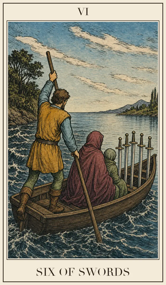 Carta de tarot Seis de Espadas, estilo grabado