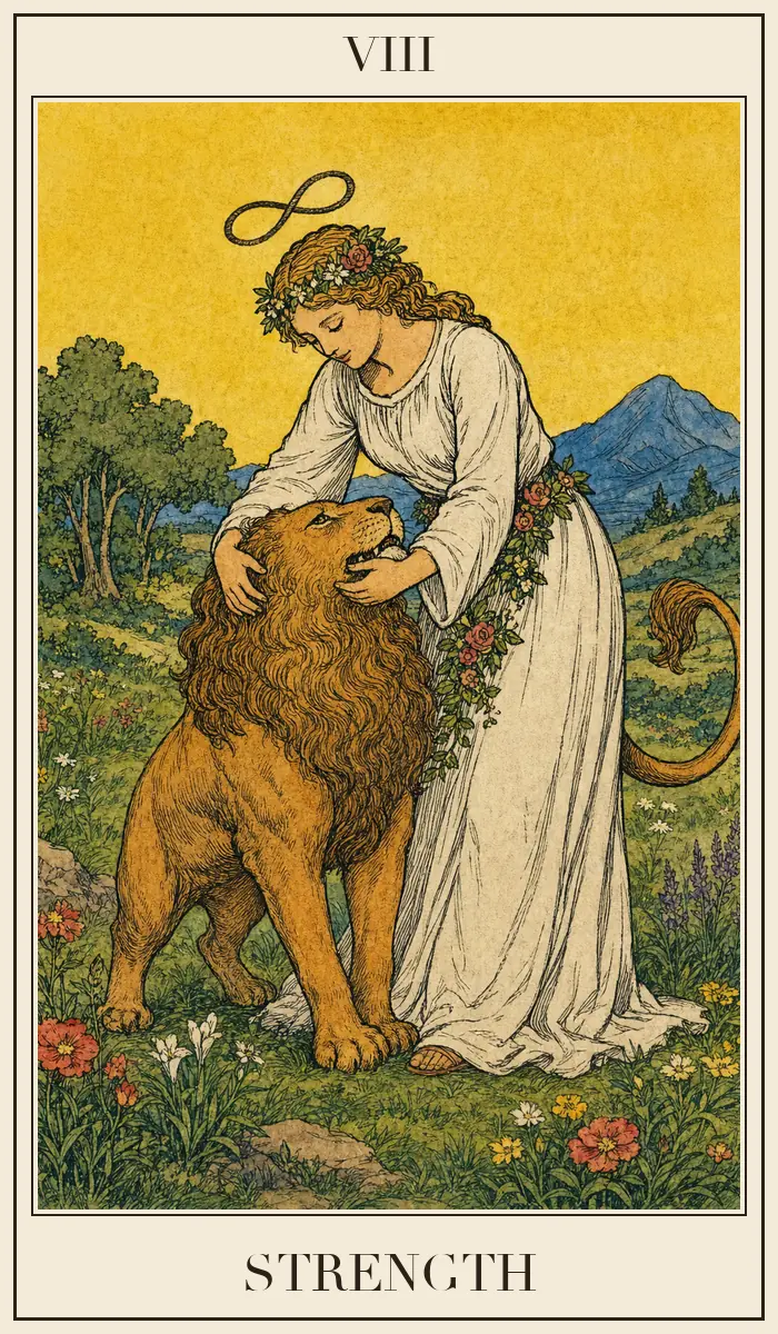 Ahşap baskı tarzında Güç tarot kartı