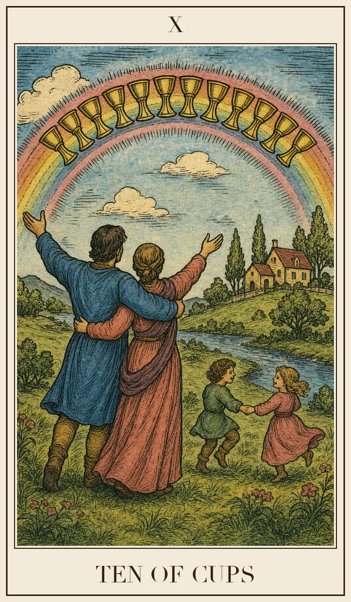 Carta de tarô Dez de Copas em estilo de xilogravura