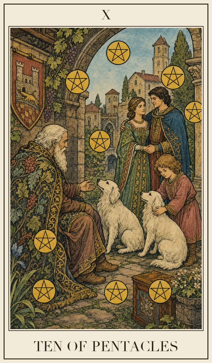 Carta de tarô Dez de Ouros em estilo de xilogravura