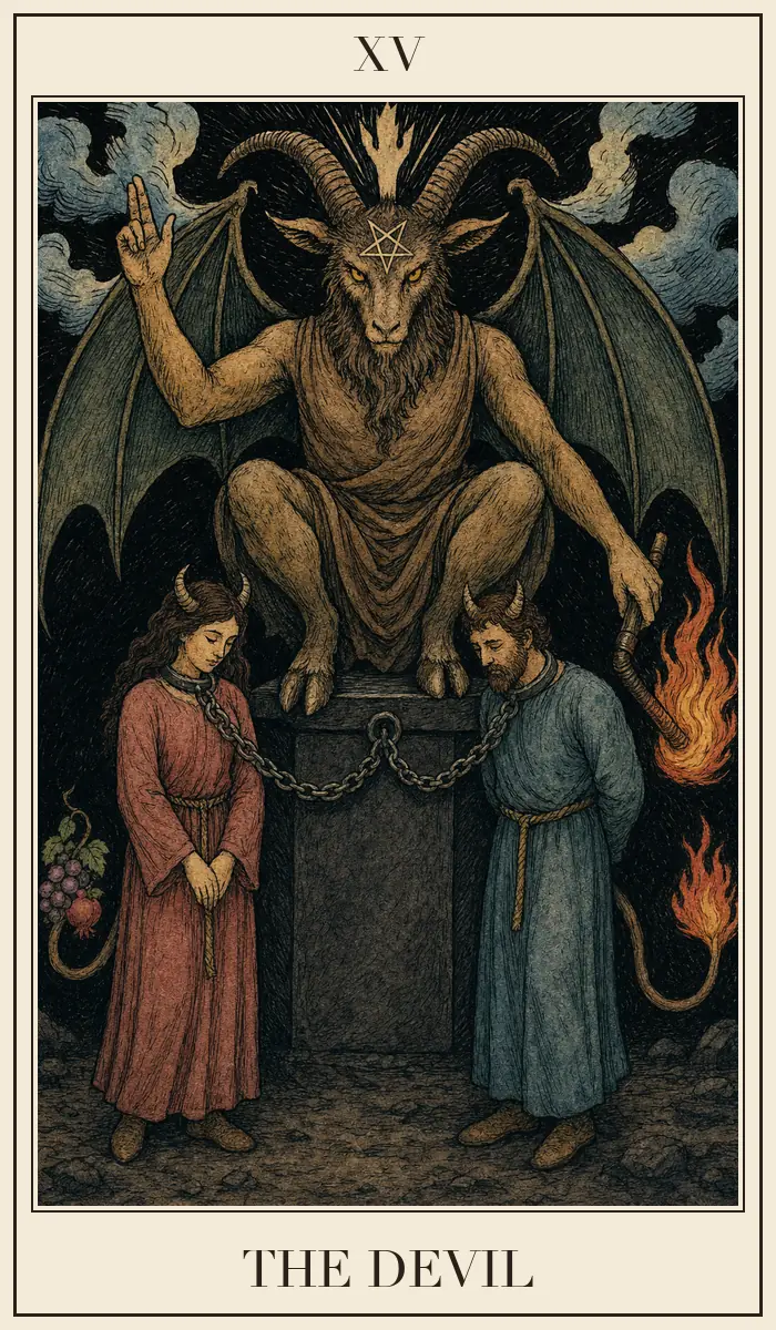 Ahşap baskı tarzında Şeytan tarot kartı