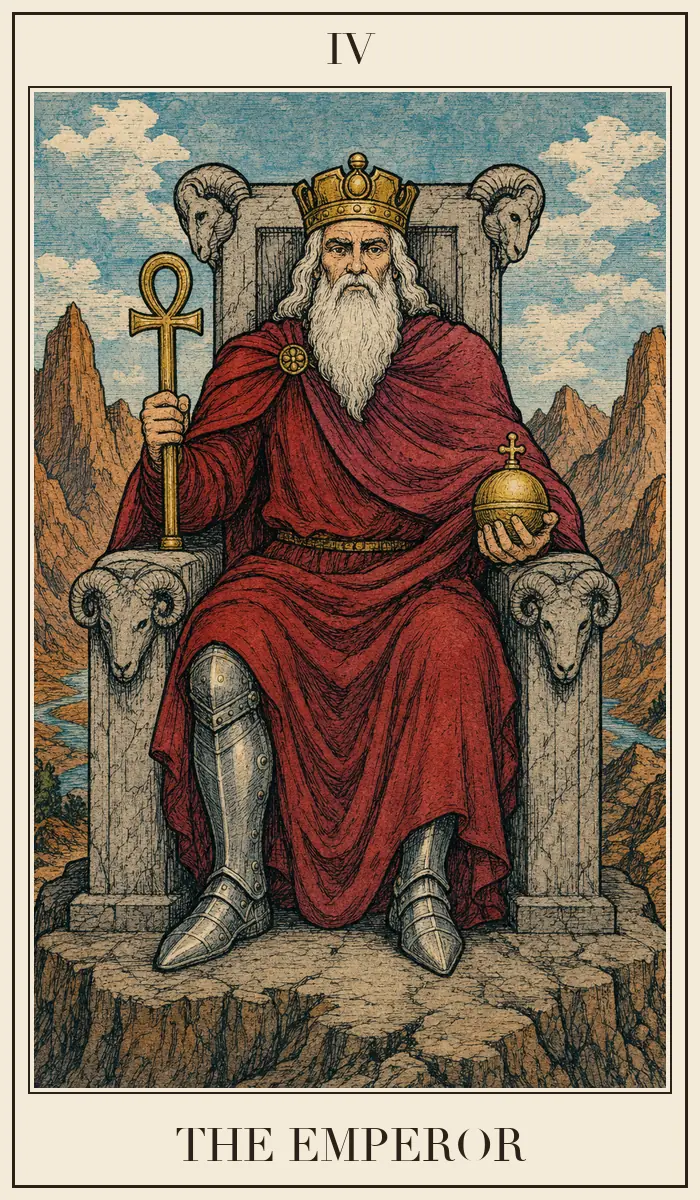 Carta de tarô O Imperador em estilo de xilogravura