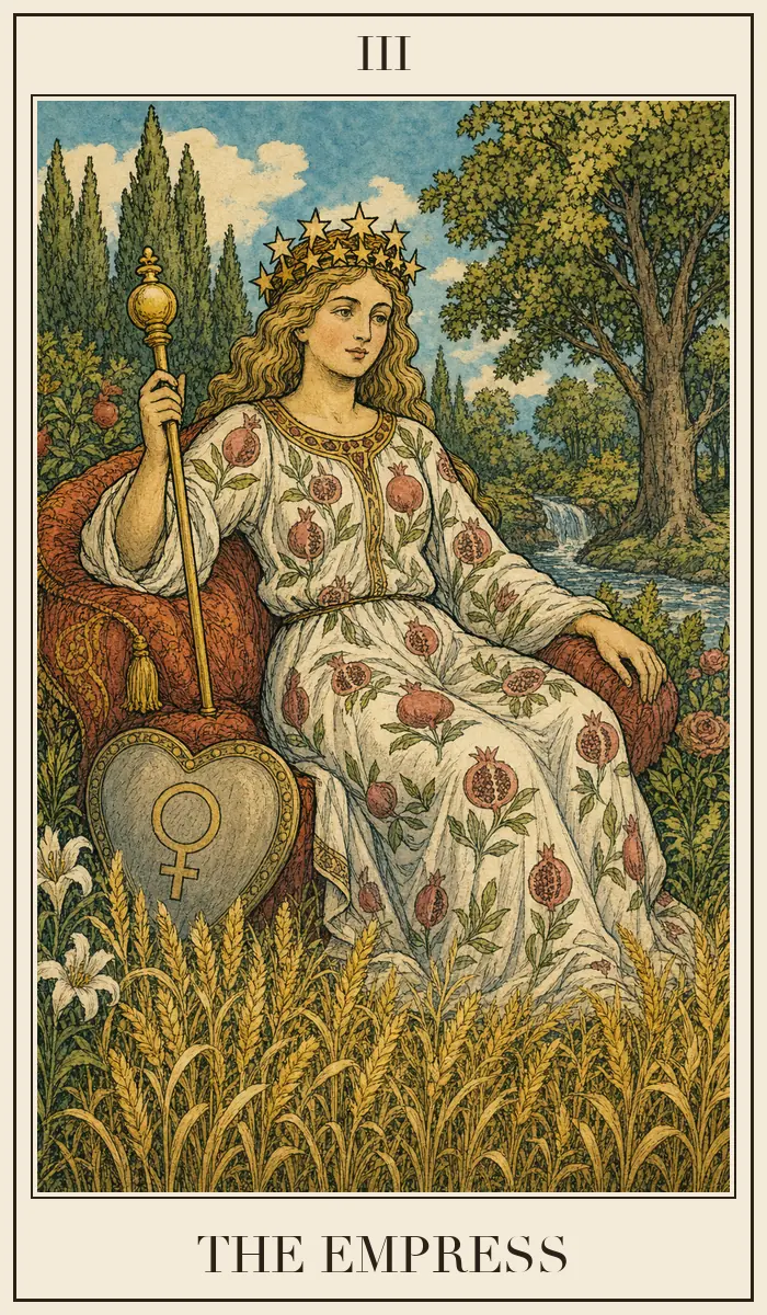 Carta de tarô A Imperatriz em estilo de xilogravura