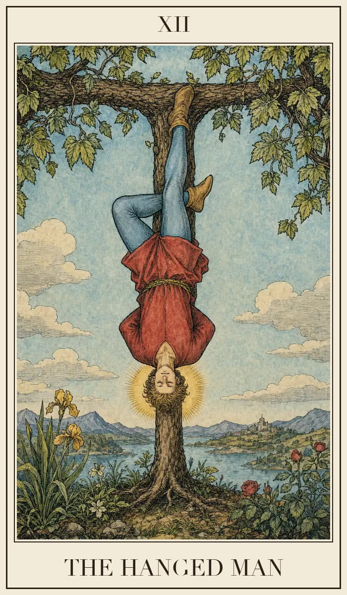 Carta de tarot El Colgado, estilo grabado