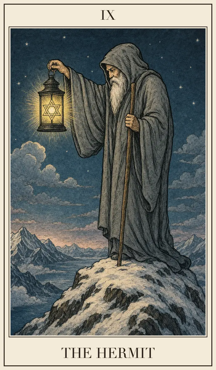 Ahşap baskı tarzında Ermiş tarot kartı