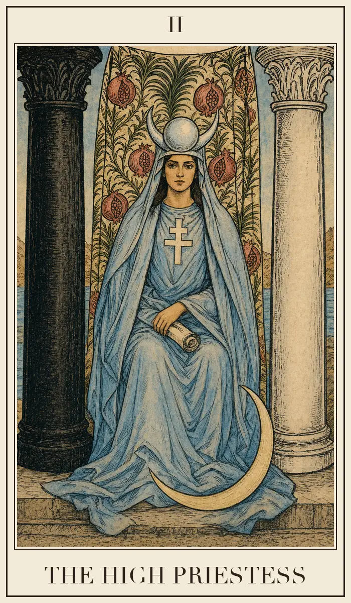 Ahşap baskı tarzında Azize tarot kartı