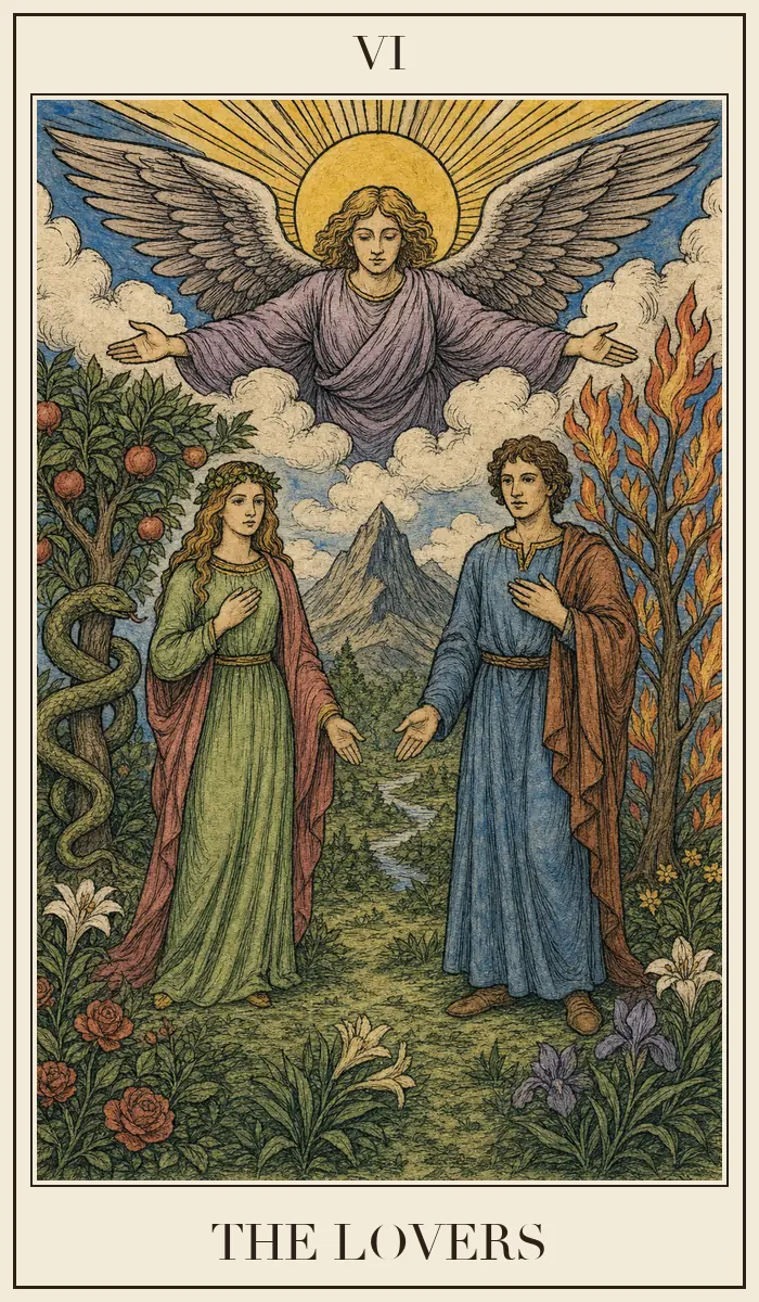 Ahşap baskı tarzında Aşıklar tarot kartı