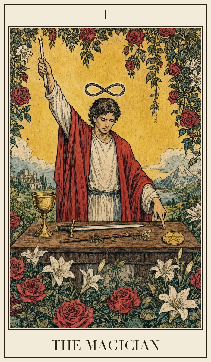 Carta de tarô O Mago em estilo de xilogravura