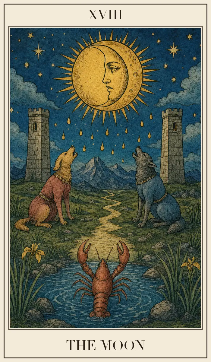 Carta de tarô A Lua em estilo de xilogravura