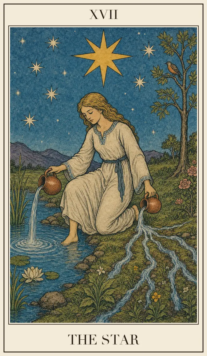 Carta de tarô A Estrela em estilo de xilogravura