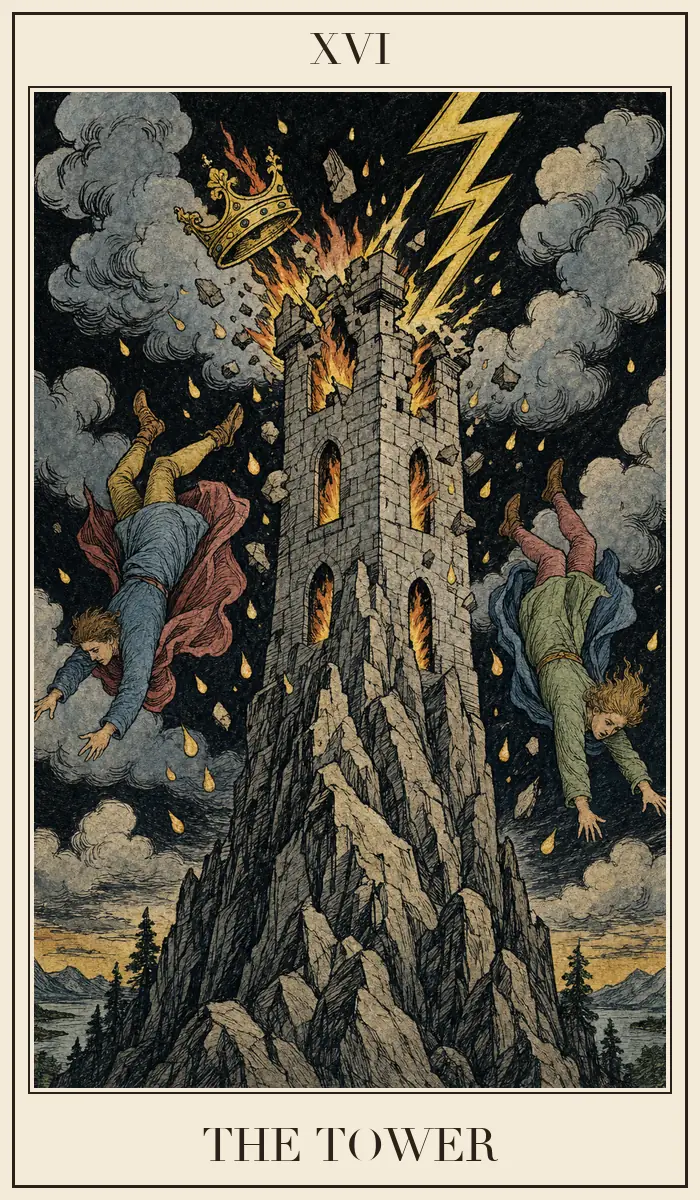 Ahşap baskı tarzında Kule tarot kartı