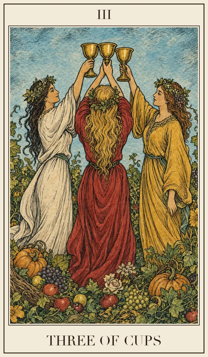 Ahşap baskı tarzında Kupa Üçlüsü tarot kartı