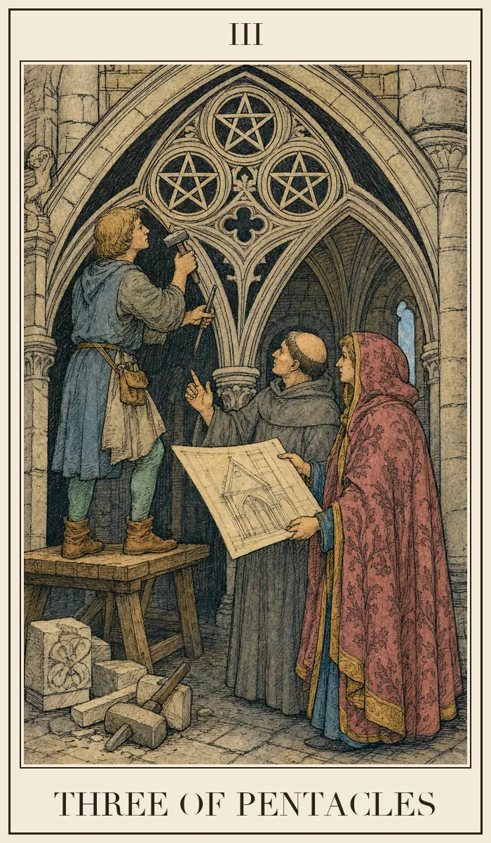 Ahşap baskı tarzında Tılsım Üçlüsü tarot kartı