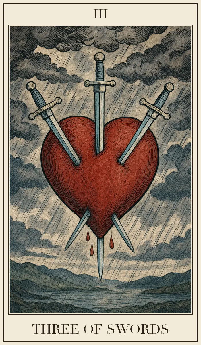 Ahşap baskı tarzında Kılıç Üçlüsü tarot kartı