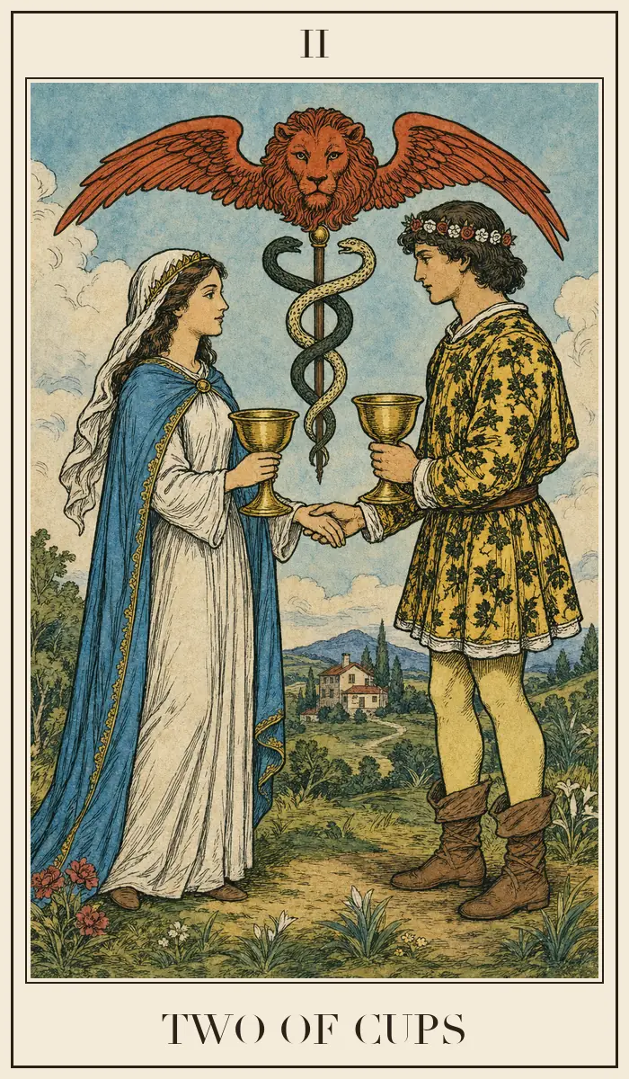 Ahşap baskı tarzında Kupa İkilisi tarot kartı