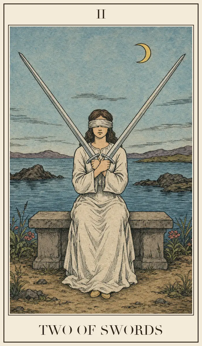 Carta de tarot Dos de Espadas, estilo grabado