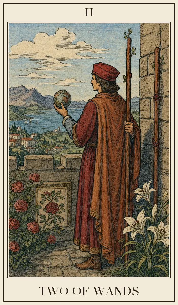 Ahşap baskı tarzında Asa İkilisi tarot kartı