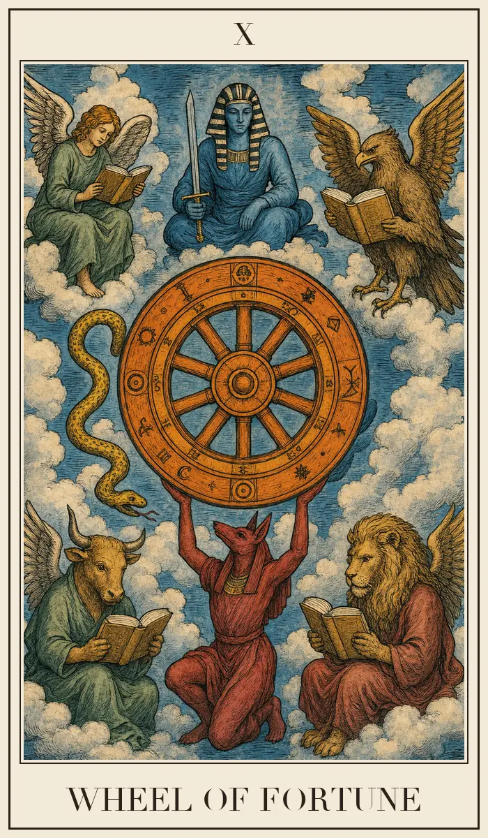 Ahşap baskı tarzında Kader Çarkı tarot kartı