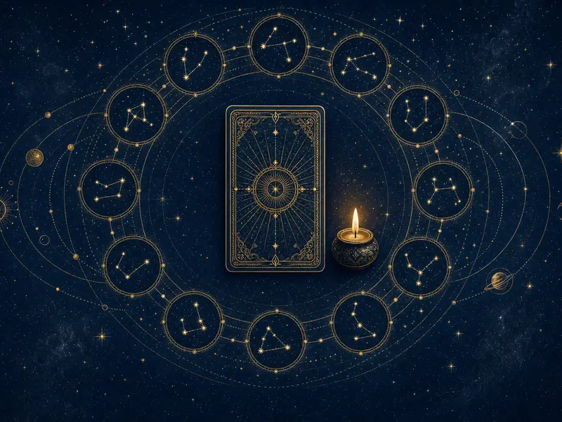 A tarot card seen from its back inside a ring of twelve small constellations, with a lit candle, stars and gold orbits