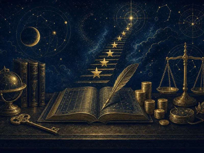 A ledger, quill, key, coins and a balance scale on a desk beneath a staircase of stars